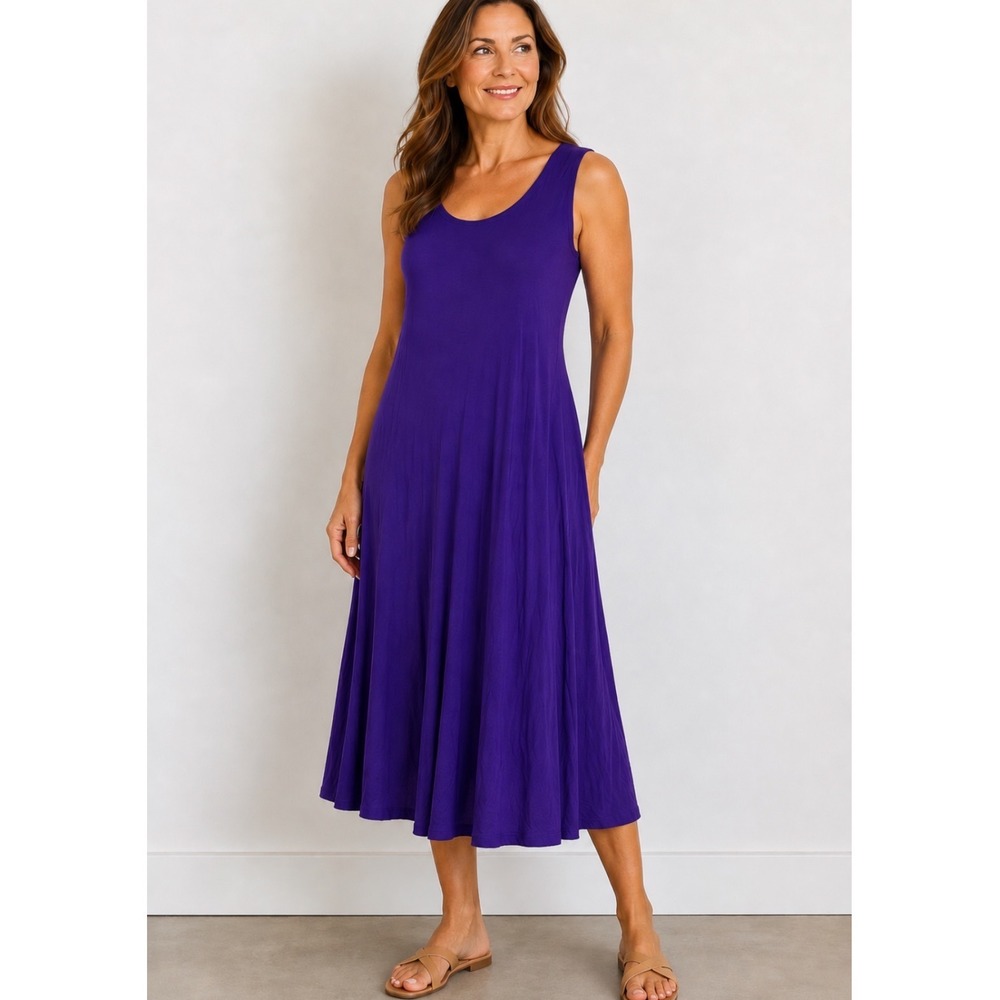 Sympli Canada Dress Size 10 Sleeveless Bamboo Knit Purple Midi Scoop Neck A-Line